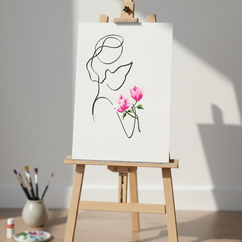 Ein Bild der Künstlerin Judith Clara zeigt eine Frau mit zwei Magnolien Blüten