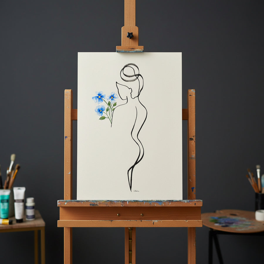 Zeichnung Frau mit blauen Blumen von Judith Clara