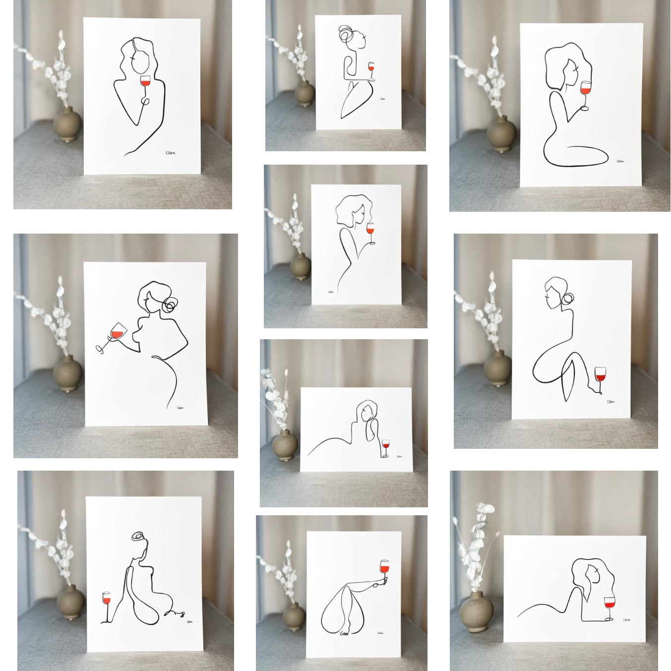 Frauen am Weinen 10er Set Rot-Set-JUDITH CLARA-30x40 cm Papier 300g (zartweiß)-one-line-art
