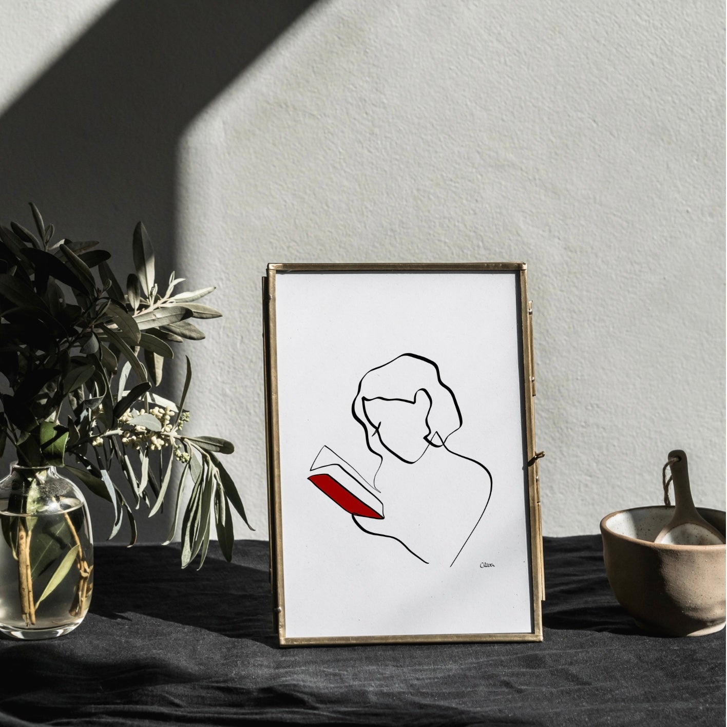 Frauen und Bücher Nr. 1-Kunstdruck-JUDITH CLARA-30x40 cm (zartweiß) Papier 300g-one-line-art