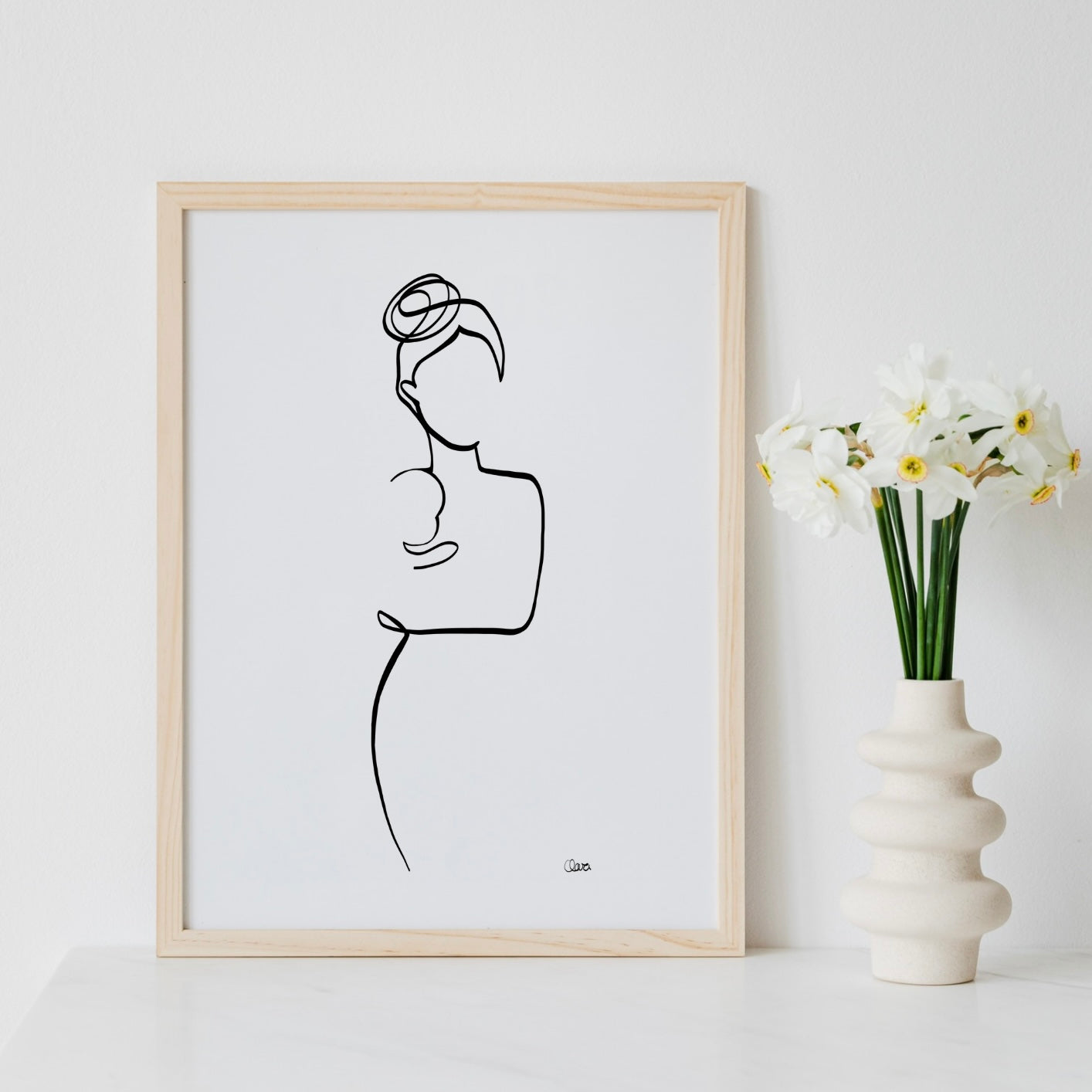 Mutter und Kind Nr. 5-Leinwand-JUDITH CLARA-30x40 cm (zartweiß) Papier 300g-one-line-art